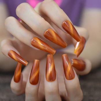 

Orange Galaxy Coffin False Nails Extra Long Tapered Cat Eye Magnet UV Gel Hand Painted Thick Reusable Press On Nail with Tabs
