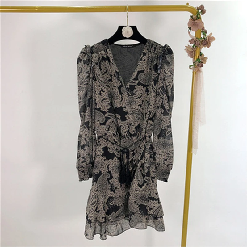 French Style Women Dress Vintage Floral Print Mini Shirt High Waist V-neck Sexy Street Office Party Robe Femme | Женская одежда