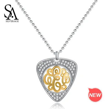 

SA SILVERAGE Feminina Gift 925 Sterling Silver Yellow Gold Color Triangle Pendant Necklaces AAA Zirconia Goddess Chain Necklaces