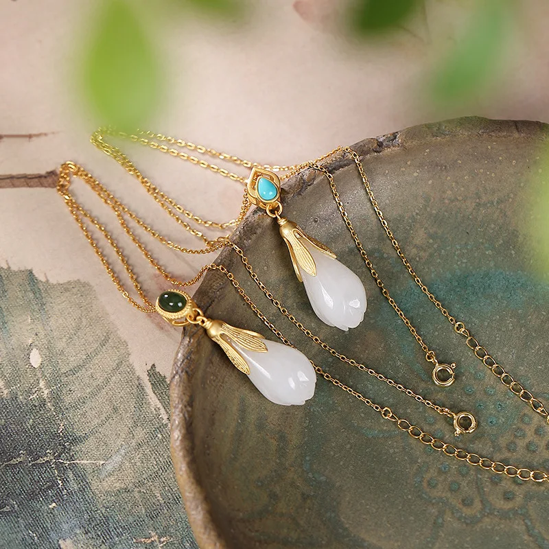 

silver high-grade personality hetian jade magnolia flower lady temperament with gold plated chain pendant sets of chain