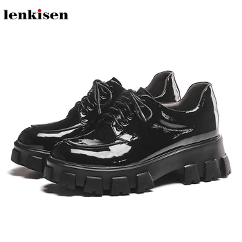 

Lenkisen breathable genuine leather lace up round toe high heels thick bottom preppy style punk women new vulcanized shoes L8f3