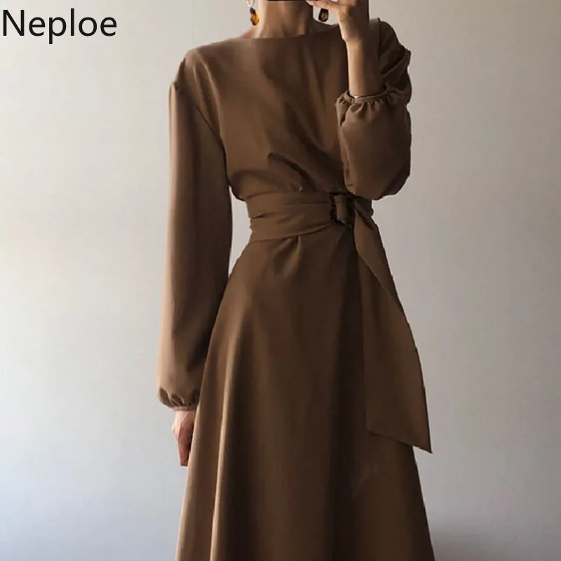 Neploe корейское элегантное платье женское платье до середины икры с завязками на талии осенне-зимние платья с круглым вырезом и длинным рукавом, ТРАПЕЦИЕВИДНОЕ ПЛАТЬЕ 54872