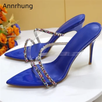 

Diamond Rhinestone Narrow Band Summer Shoes Woman Sexy Stiletto Heel Point Toe Open Toe PVC Transparent Runway Slippers Women