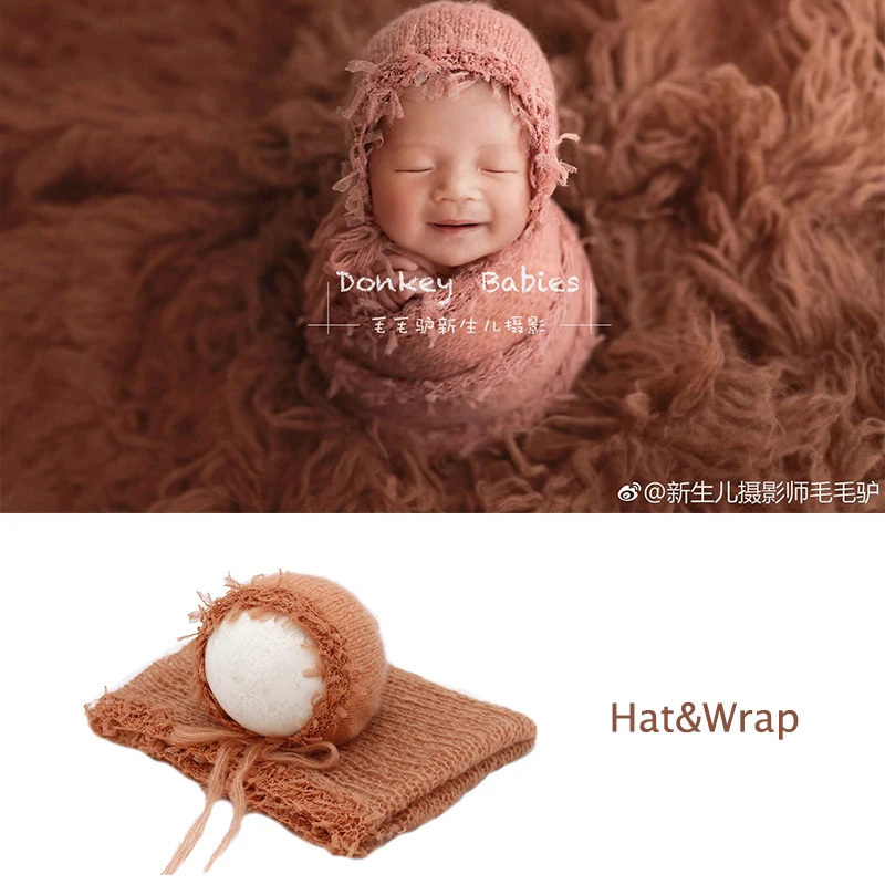 Wrap+Hat Set Newborn Photography Props Clothing Baby Photo Props Mohair Tassel Lace Wrap Promotional Studio 