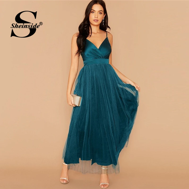 

Sheinside Elegant V Neck Satin Party Dress Women 2019 Autumn Sleeveless Side Slit Dresses Ladies Layered Mesh Patchwork Dress