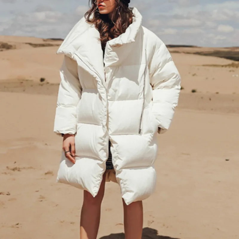 

Europe New Long Loose Thick Warm Female Coat Winter Women White Duck Down Jacket Stand Collar Straight Fashion Down Parka P071