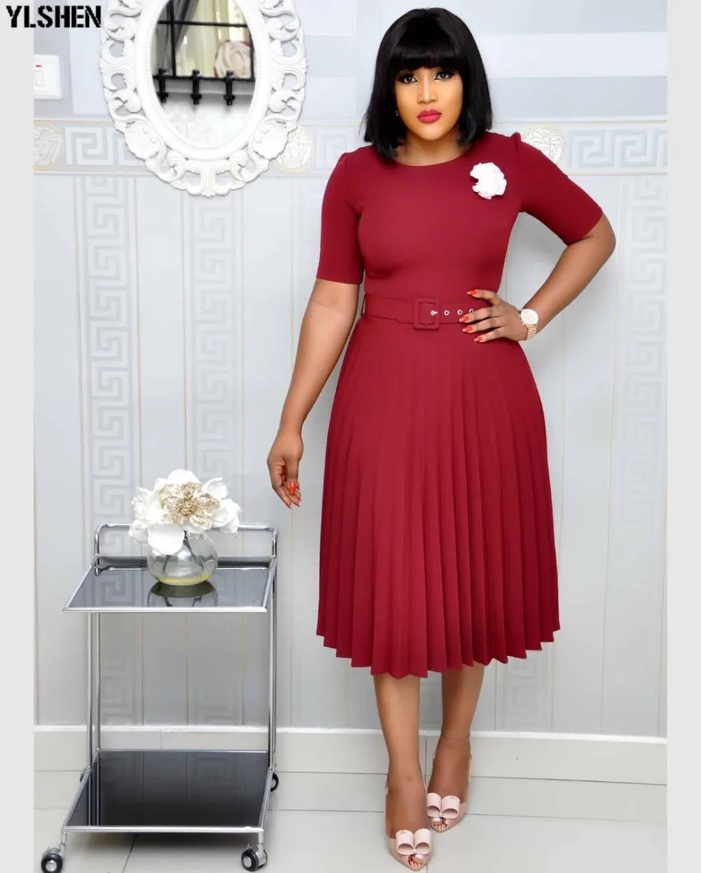 Pleated African Dresses For Women 2020 Elegent Fashion Style African Women Plus Size Polyester Knee-length Dress S-3XL 02
