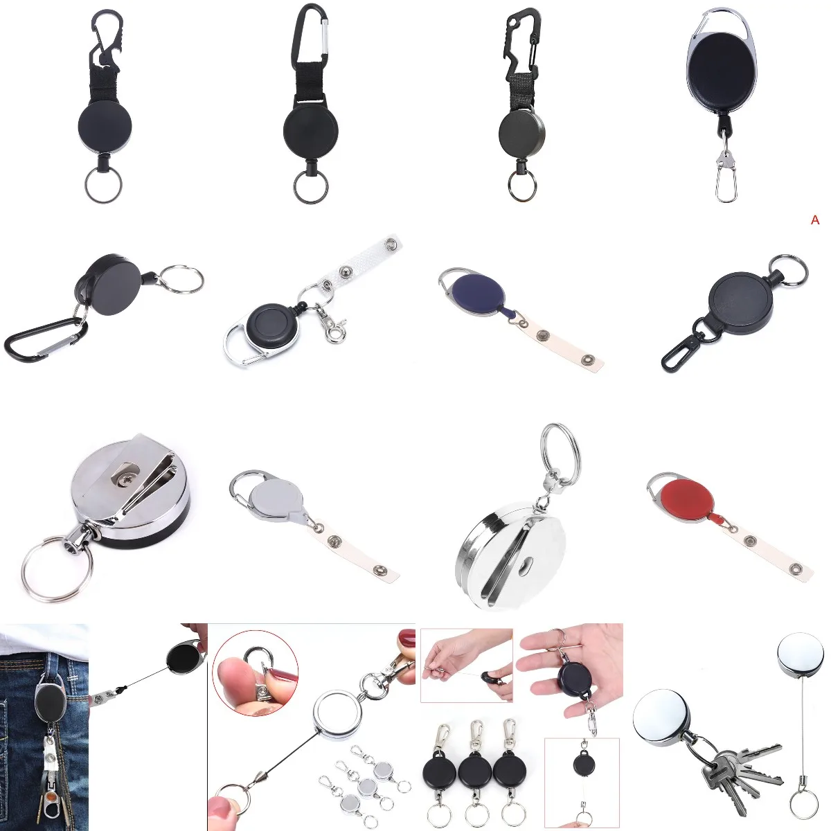 20Styles Key Ring Clip Retractable Pull Key Ring Chain Reel Extendable Belt Reel ID Lanyard Name Tag Card Badge Holder Key Chain