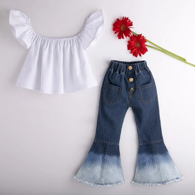 

Citgeett Summer Fashion Toddler Child Girls Clothes Off Shoudler Crop White Tops+Bell-Bottoms Jeans Denim Flare Outfits Set