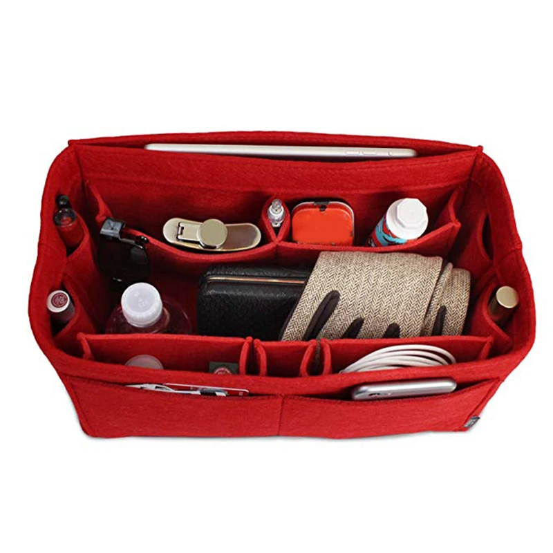 Red Home Storage Bag Purse Organizer Felt Insert Bag Makeup Organizer Inner Purse Portable Cosmetic Bags Storage Tote