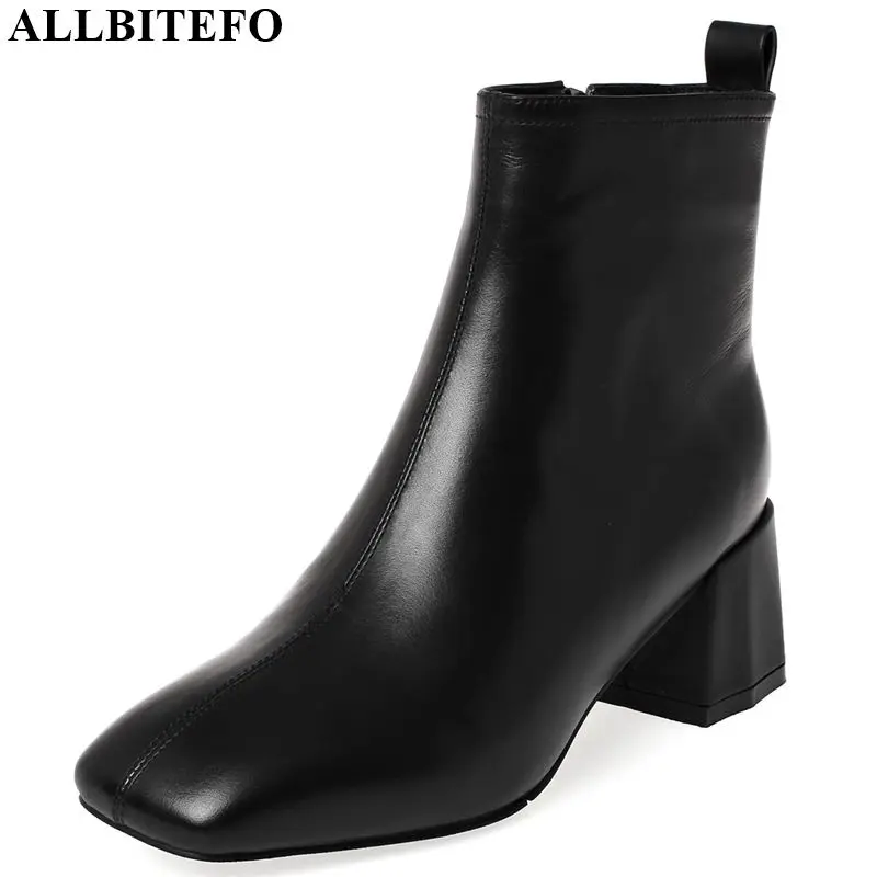 

ALLBITEFO High quality genuine leather simple style ankle boots Pure color women boots Square toe fashion boots Autumn Winter
