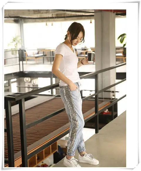 Большой размер 5XL Лоскутные расшитые блестками Джинсы женские потертые джинсовые брюки джинсы женские брюки-карго с эластичной талией джинсы в полоску сбоку 268