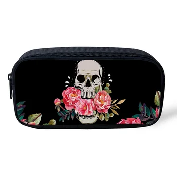 

1pcs Skull Flowers Black School Supplies Pencil Case Kawaii Student School Cosmetic Bag for Women Office Supplies