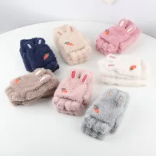 Плюшевые перчатки с милыми заячьими ушками для девочек, перчатки на половину пальцев, зимние детские перчатки для улицы, мягкие детские варежки для От 2 до 9 лет