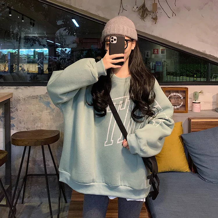 

Spring&Autumn Kpop Blue Pink Gray Loose Fit Sweatshirt Plus Size Long Sleeve O Neck Fleece Lined Women hoodie Free Shipping 2020