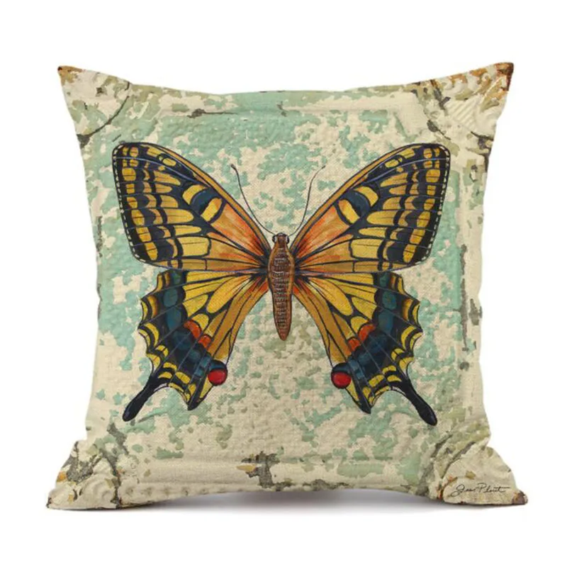 

2pcs/set Square Pillow Case Home Textile Flax Pillowcase Floral Butterfly Pattern Cushion Cover for Sofa Chair Car Decoration