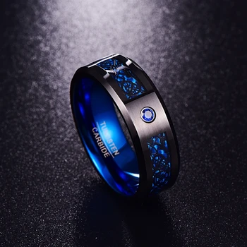 

Fashion sport Trade Carbon Fiber Scrub Blue Zircon Men Rings 100% Tungsten Carbide Anillos para hombres Black Dragon Gift ring