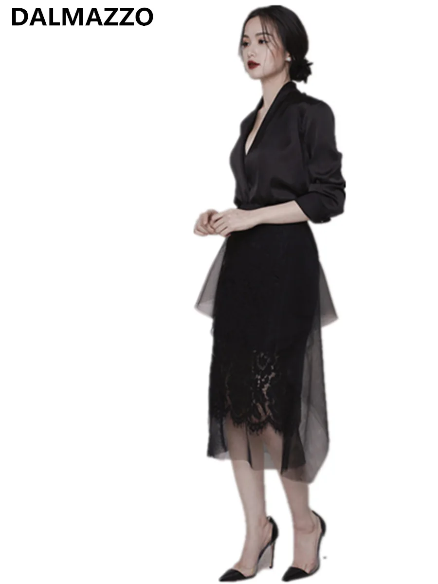 

Women Black Fashion Runway high-end Design Suits 2019 Newest Autumn Ladies V Neck Tops + Long Mesh Skirt 2 Pieces Sets XL