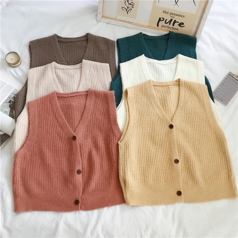 

Chic Autumn Winter Loose Thick Sleeveless Sweater Women Casual V-Neck Sweater Vest Female Knit Jumpers Top