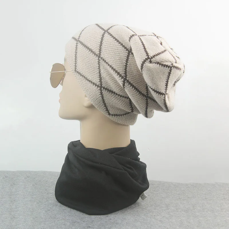 Beige Утолщенные вязаные клетчатые шапочки мужские зимние мешковатые шапки женские теплые ушные шлепки Skullies Beanie уличные повседневные береты-кепки унисекс - Цвет: Beige