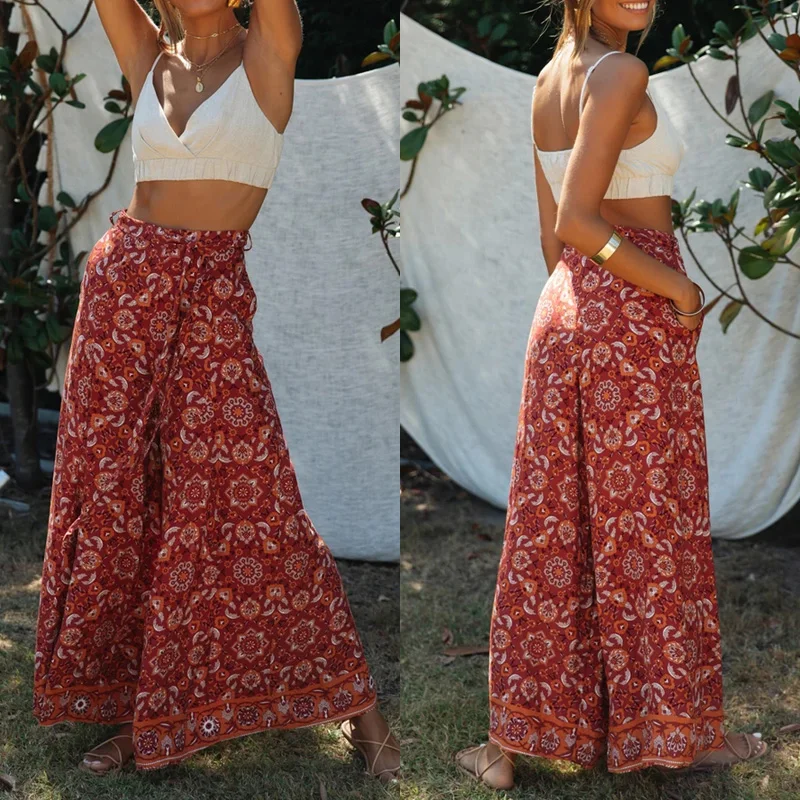 2020 Fashion Elegant Women Beach Boho Floral Baggy Pants Trousers Summer Vacation Loose Casual Gym Pants Print Wide Leg Pants 2020 Fashion Elegant Women Beach Boho Floral Baggy Pants Trousers Summer Vacation Loose Casual Gym Pants Print Wide Leg Pants