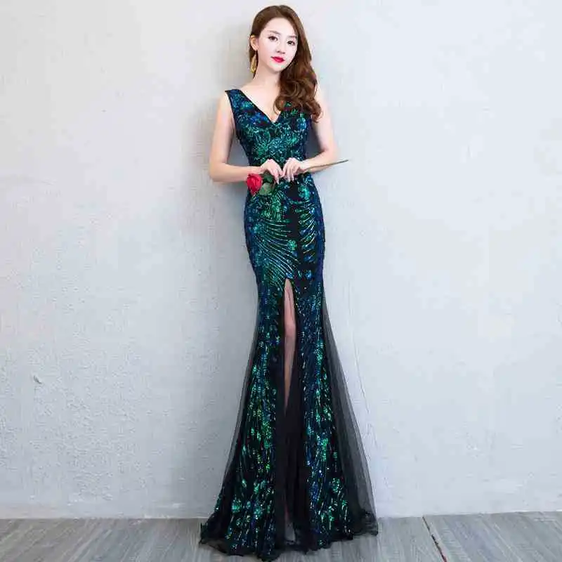 BLACK Sequins Improved Cheongsam Elegant High Split Mermaid Dresses Deep V-Neck Sexy Women Evening Party Dress Gown Vestidos