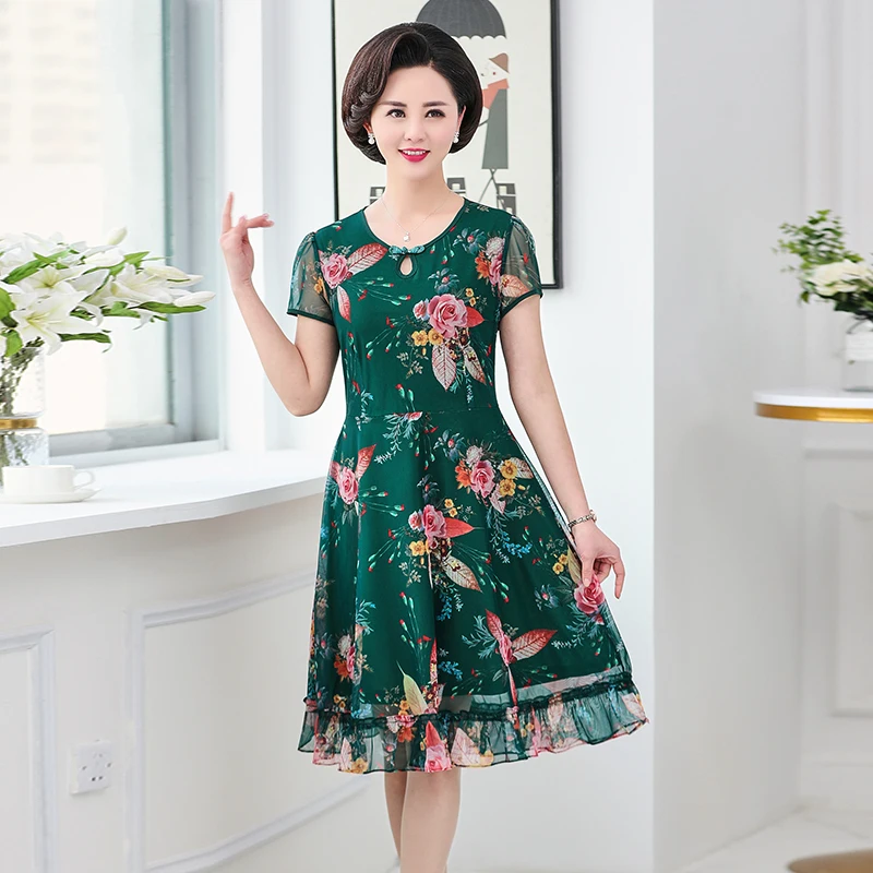 

Red Green Chiffon Dresses Women Short Sleeve Round Collar Empire High Waist Lace Hem One Piece Dress Woman Chic Clothes Outfits