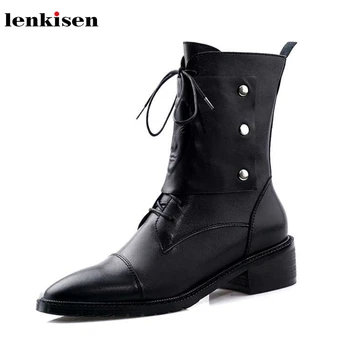 

Lenkisen Korean girl streetwear real cow leather round toe med heels fashion rivets lace up winter warm women mid-calf boots L88