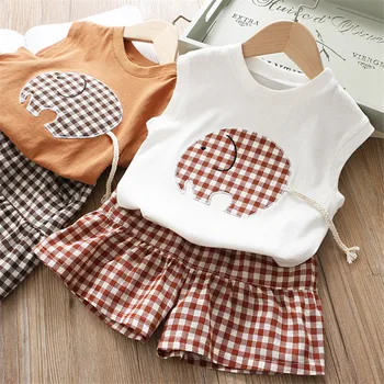 

2020 New Girls Cartoon Elephant Vest Shirts Short Pants Set Summer Kid Sleeveless Tops Clothing Sets 2PC Children's Suit Clothes