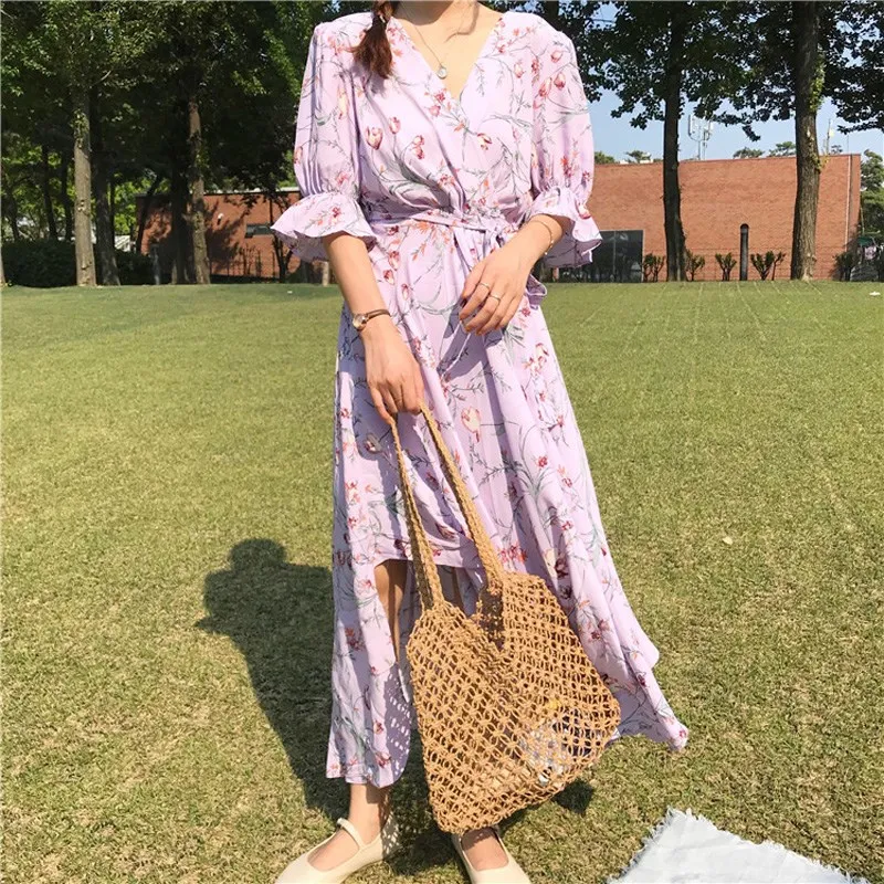 Zomer Vrouwen Casual V-hals A Line Maxi Jurk Chiffon Losse Bloemenprint Jurk Sjerpen Lange Flare Mouw Plus Size jurk Zomer Vrouwen Casual V-hals A Line Maxi Jurk Chiffon Losse Bloemenprint Jurk Sjerpen Lange Flare Mouw Plus Size jurk