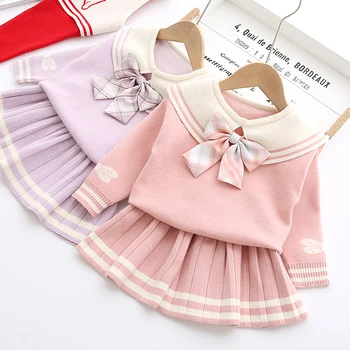 

Girl Clothing Set Bow Winter Knitted Sweater For Baby Girls Cute College style Suit Kids Pullover Outerwear Short Skirt Outfits