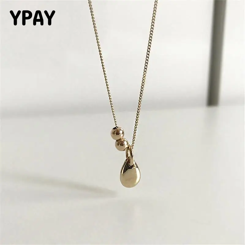 

YPAY 100% Real 925 Sterling Silver Necklaces Women Korea INS Water Drop Gold Bead Pendant Necklace Party Jewelry Gifts YMN180