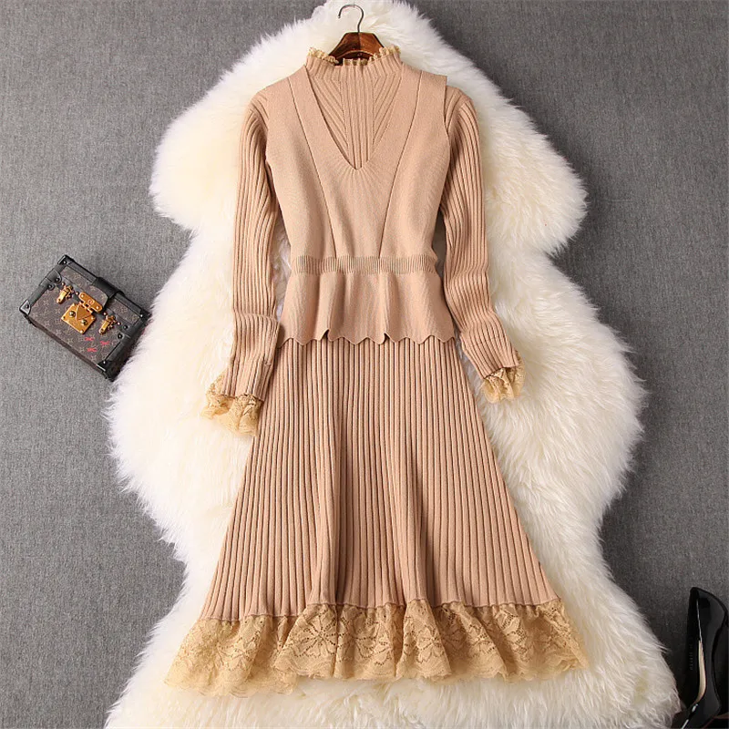 Новинка, женское модное платье на осень и зиму, Vestidos, длинный рукав, кружево, пэтчворк, вязаный жилет, топ+ платье-свитер, комплект из 2 предметов - Цвет: Хаки