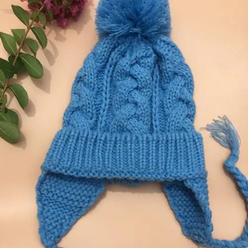 Navy Blue Зимняя детская вязаная шапочка с помпоном, вязаная шапка, плотная теплая шапка с ушками - Цвет: Navy Blue