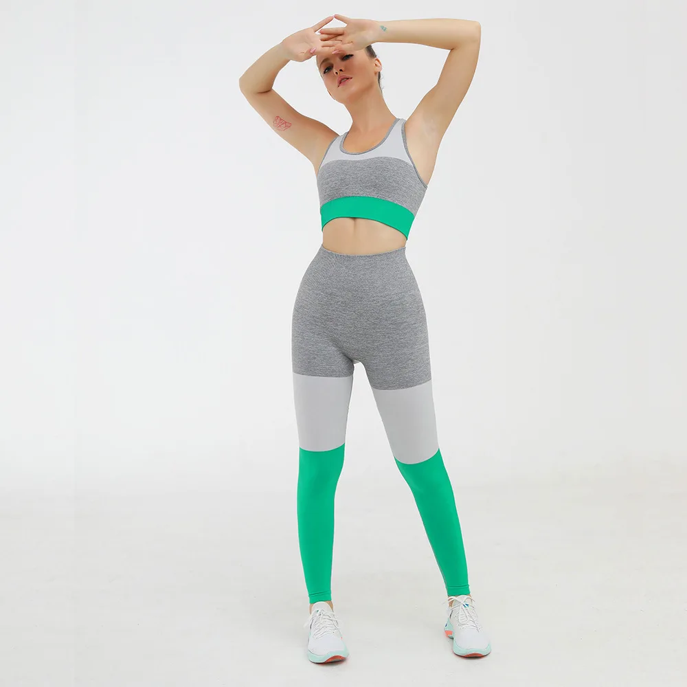 Комплекты штанов для йоги, одежда для фитнеса, спортивная одежда, леггинсы, бесшовный спортивный бюстгальтер, Женский комплект из 2 предметов, спортивные костюмы - Цвет: Зеленый