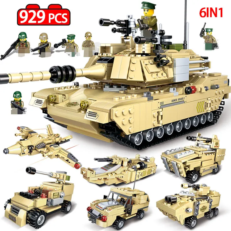 

6 In 1 929PCS M1A2 Main Battle Tank model Building Blocks Legoingly Military WW2 soldier Figures vehicle Bricks Toys for boys