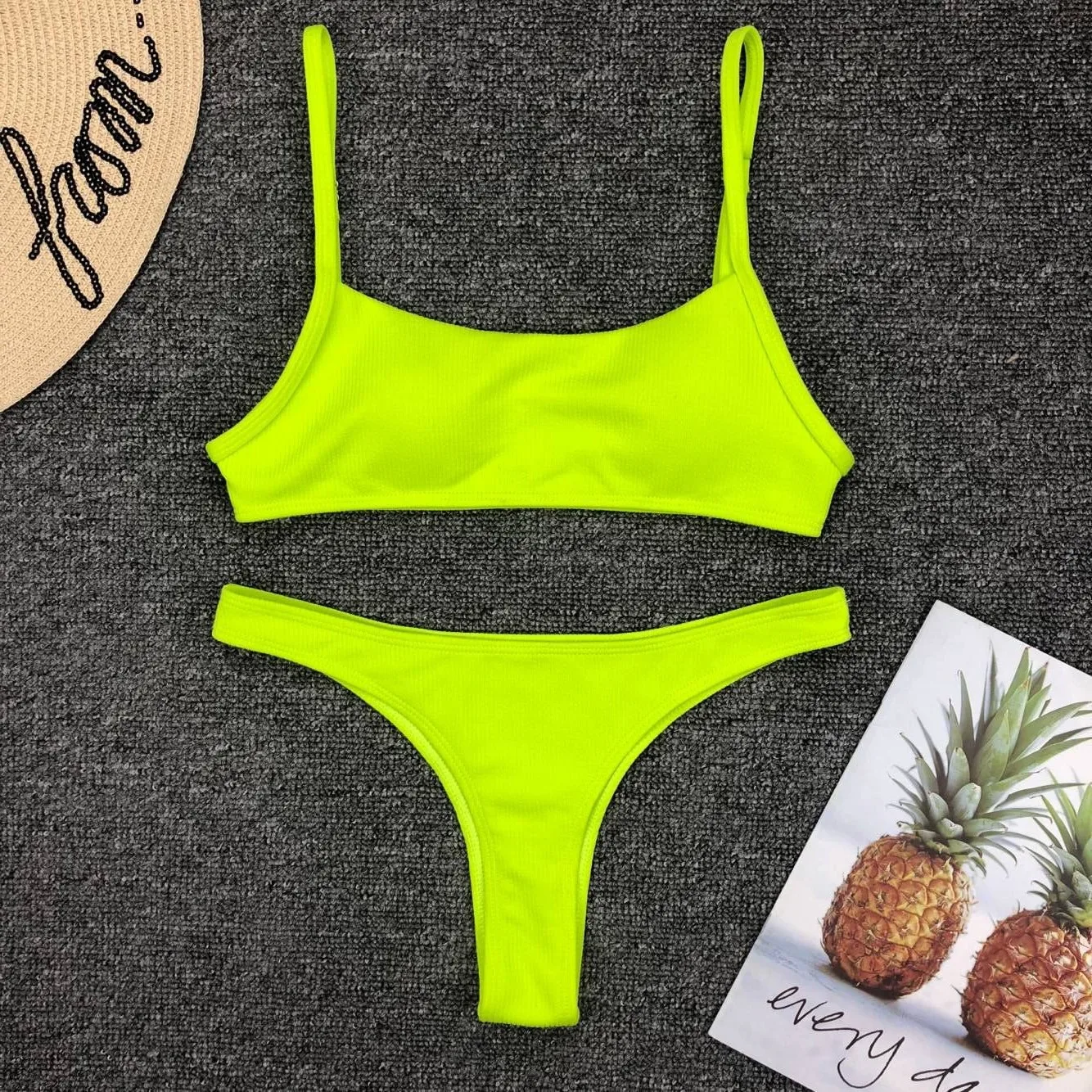 Летний Одноцветный купальный костюм, пляжный купальник для женщин, купальник, сексуальный микро пуш-ап неоновое бикини набор бикини для женщин