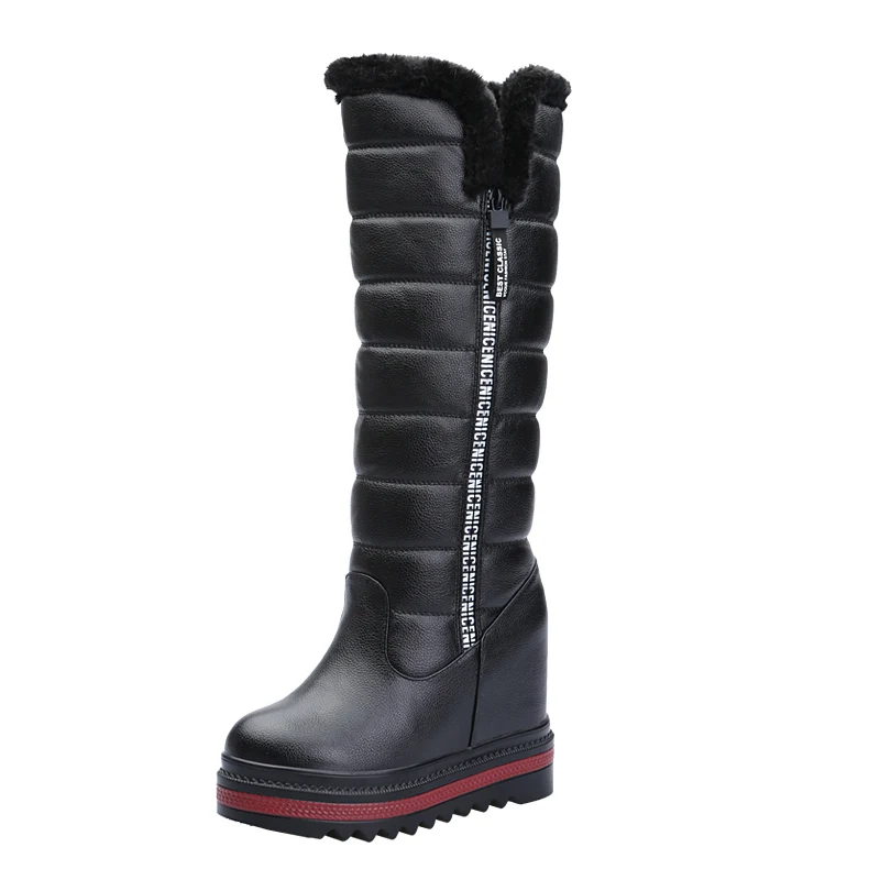black Winter Mid Calf Snow Boots lining Plush Women High Heels Thick Bottom Shoes Woman Height Increacsing High Tube Boots WB068 - Цвет: black