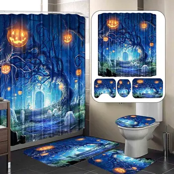 

4pcs Halloween Skull Printed Shower Curtain Toilet Mat Bath Mat Floor Mat Plastic Hook Toilet Cover Mat