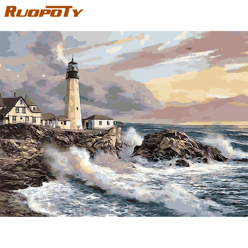 RUOPOTY рамка Маяк Diy картина по номерам морская Раскраска акриловые холсты ручной