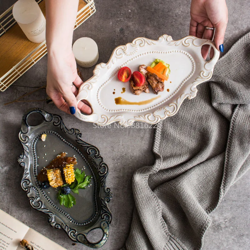 Christmas Ceramic Plate Western White Dish Tableware Embossed Double Ear Tray With Kiln Glaze Dinnerware Brown Fish | Дом и сад