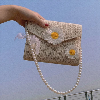 

Small Summer Straw Bags For Women 2020 Weave Pearl Chain Shoulder Bags Lady Beach Travel Flower Purse and Handbag ZD1584