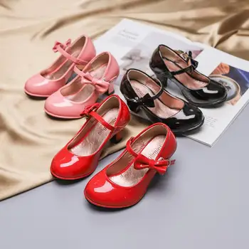 

2020 New hot sale princess leather dance shoes girls party bow shoes shiny Solid Red color high-heeled fashion shoes for kids