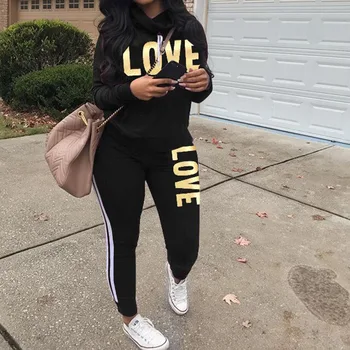 

Tracksuits For Women 2020 Winter Autumn LOVE Print Long Sleeve Heap Collar Sweatshirts Side Striped Slim Long Pants Sport Suits