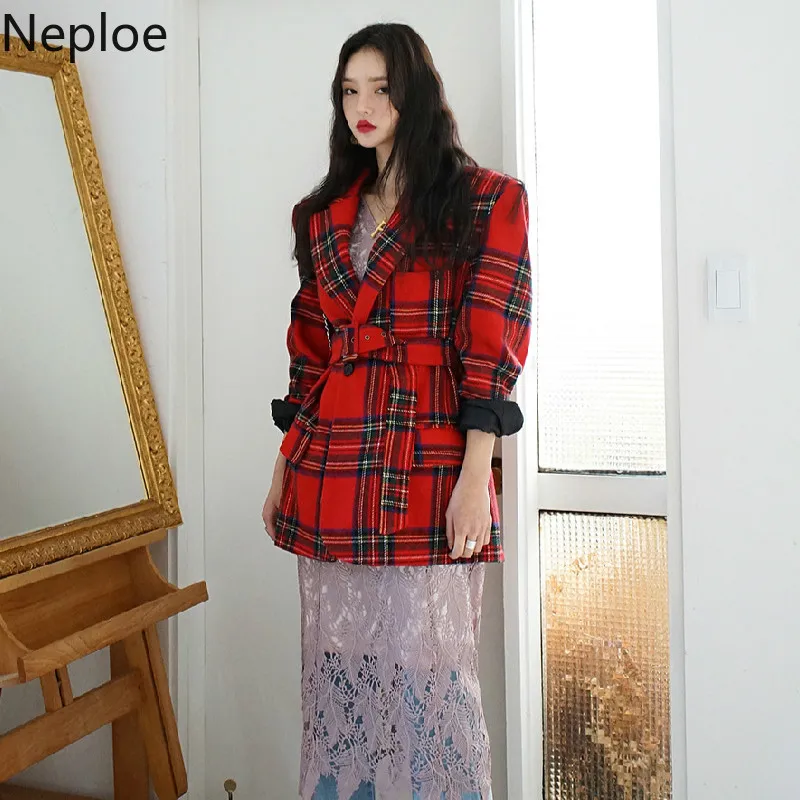 Neploe Шикарный ретро клетчатый полосатый офисный стиль блейзер Feminino тонкая талия на шнуровке с длинным рукавом пальто модная куртка 47431