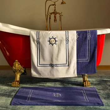 

50x80cm white/deep blue cotton embroidered anchor bath mat towel pedal floor mat rug bathroom towel foot pad water absorption