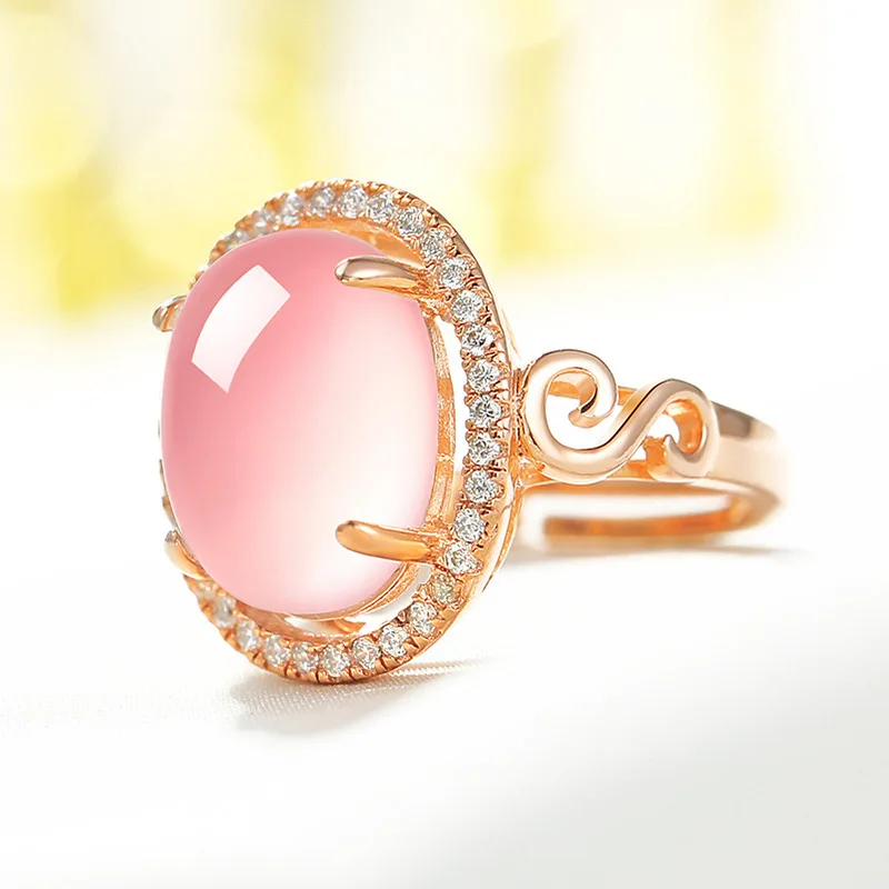 

Natural Pink Chalcedony Hand Carved Water Drop Ring Fashion Personalized Jewelry Men's and Women's Adjustable Ring