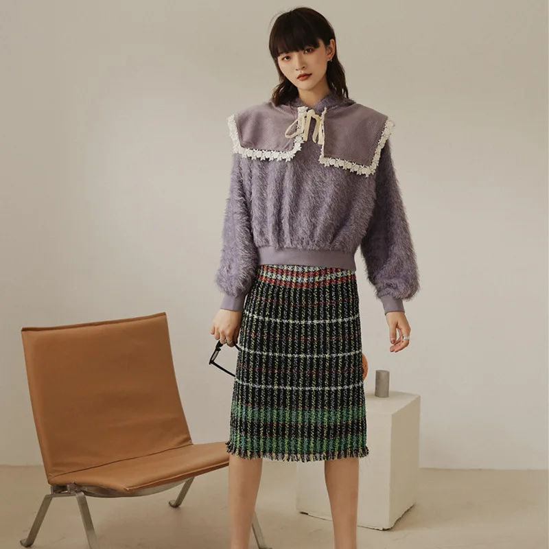 

Small Fragrance Wrapped Buttock Fringed Woven Plaid Mid-long Open Half-length Skirt Autumn New Style of Women's Fashion In 2019