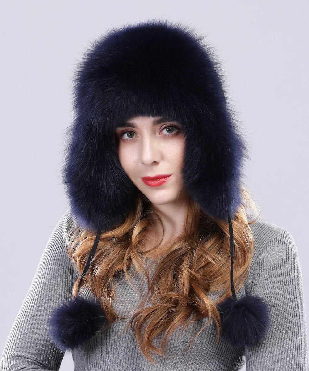 Winter women fur hat lady real fox fur cap protect ear warmer fox pom poms Bomber Hat hot sale new arrival