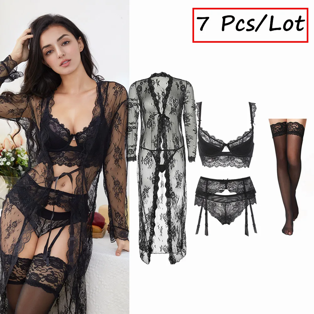  Sexy Lace Underwear Set Robe+Bra+ Panties+ Stockings +Y-line Straps +Thong 7 Piece For Lady